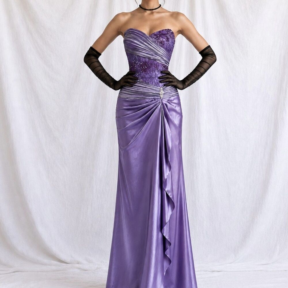 Vintage Y2K Purple Strapless Satin Lace Beaded Pleated Maxi Prom Dress Size S/M